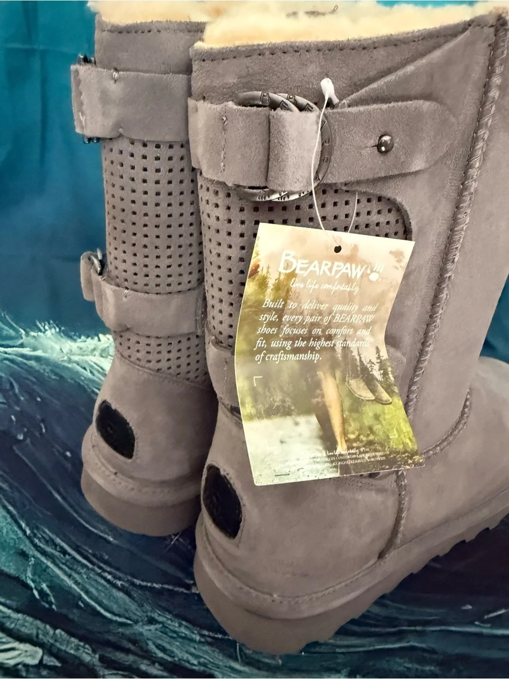 BearPaw Clara Gray Suede Shearling Boots with Back Buckles